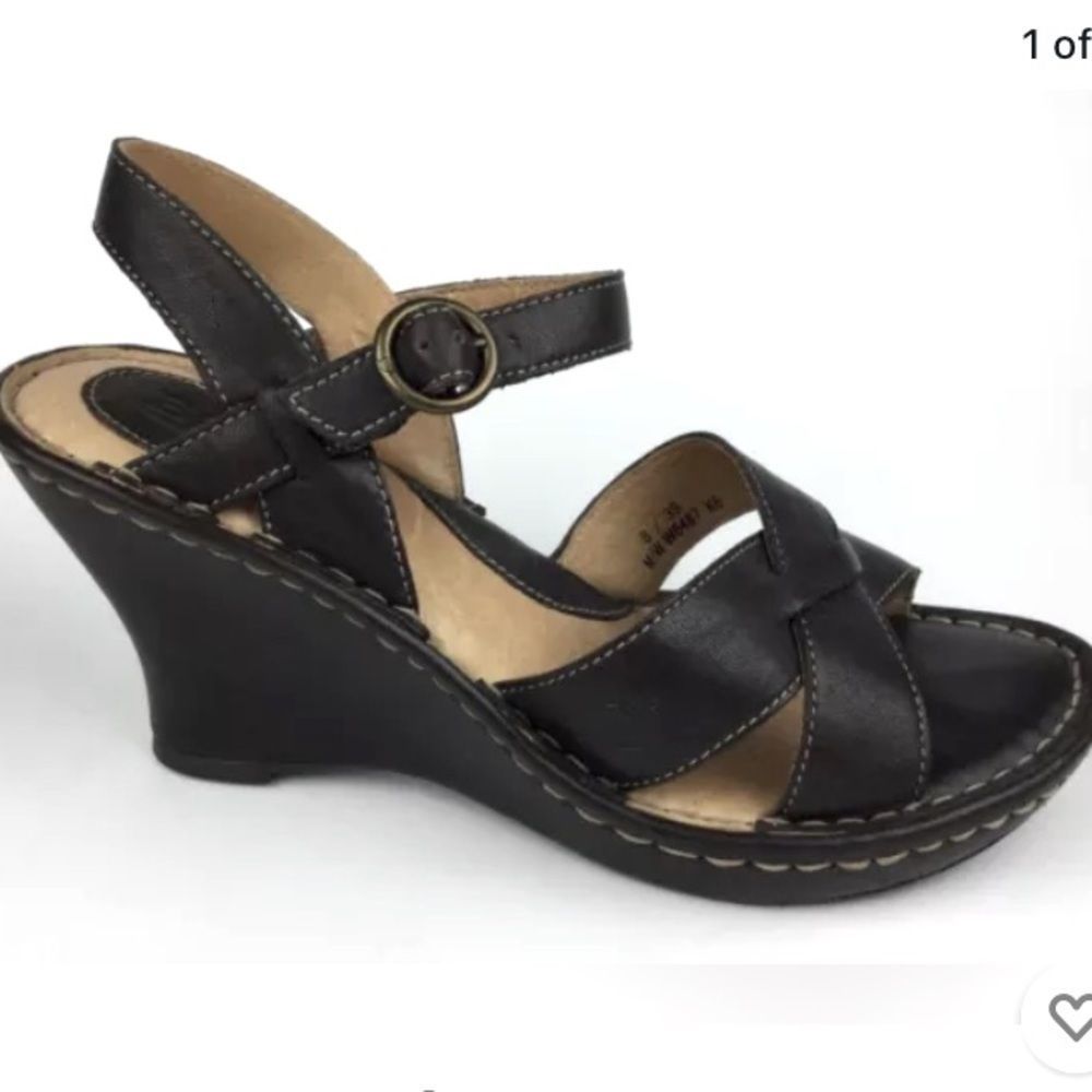 Born Handcrafted Brown Leather Open Toe Buckle Detail Heeled Wedge Sandals